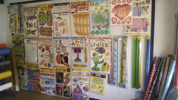 Wall of colorful bulletin board decorations